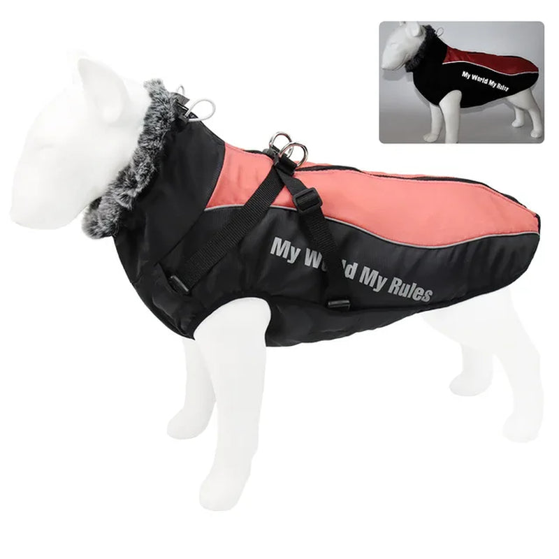 Waterproof Large Dog Clothes for Dogs Coat with Harness Furry Collar Warm Pet Clothing Reflective Raincoat Pet Dog Jacket