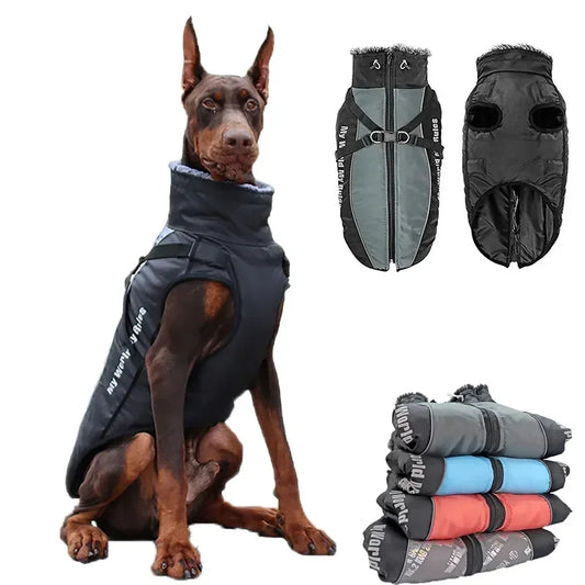 Waterproof Large Dog Clothes for Dogs Coat with Harness Furry Collar Warm Pet Clothing Reflective Raincoat Pet Dog Jacket