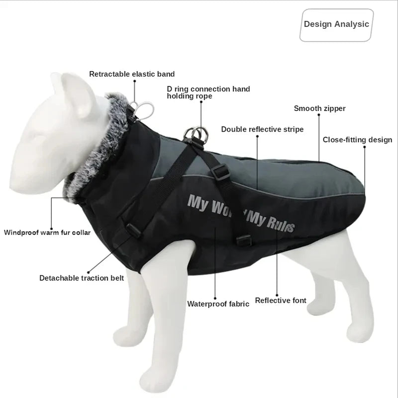 Waterproof Large Dog Clothes for Dogs Coat with Harness Furry Collar Warm Pet Clothing Reflective Raincoat Pet Dog Jacket