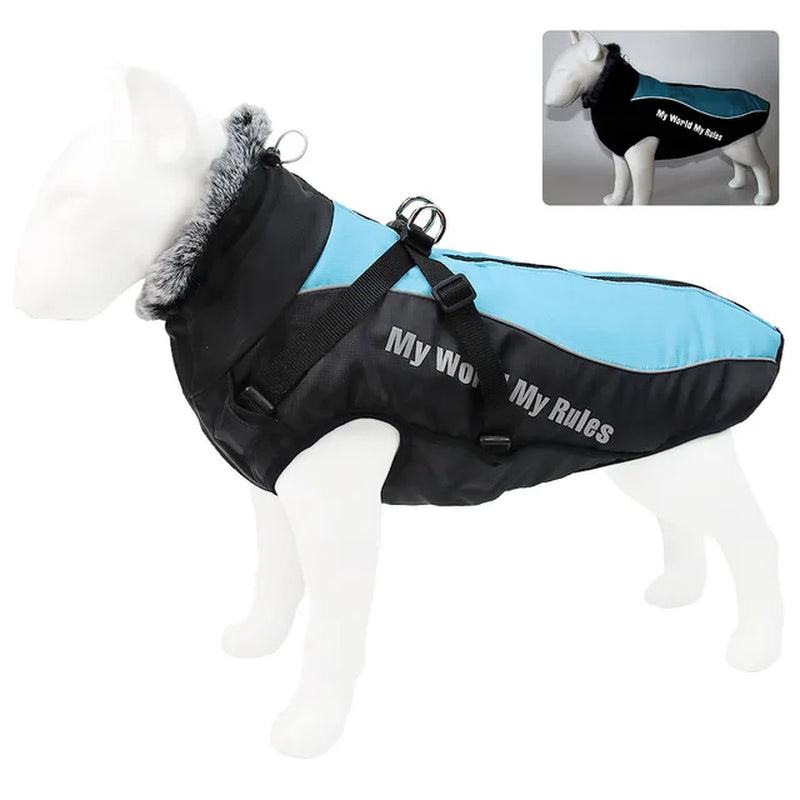 Waterproof Large Dog Clothes for Dogs Coat with Harness Furry Collar Warm Pet Clothing Reflective Raincoat Pet Dog Jacket