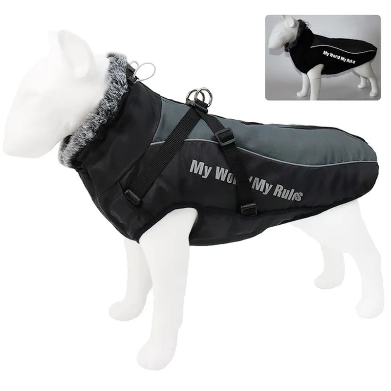 Waterproof Large Dog Clothes for Dogs Coat with Harness Furry Collar Warm Pet Clothing Reflective Raincoat Pet Dog Jacket